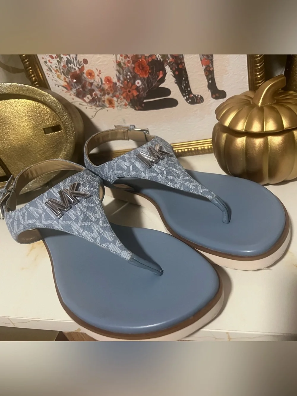 Michael Kors Light Blue Logo Thong Sandals with MK Hardware